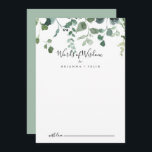 Skriptgrüne Schriften Hochzeitwörter der Weisheit Hinweiskarte<br><div class="desc">Dieses Skript grüne Blattwerk Hochzeitwörter der Weisheitsratenkarte ist perfekt für eine moderne Hochzeit. Das Design ist mit Aquarellfarben handgezeichnet eleganten botanischen Eukalyptuszweigen und Blätter, die in schönen Bouquets und geometrischen Mustern angeordnet sind. Diese Karten sind ideal für Hochzeiten, Brautparty, Babydusche, Graduiertenfest u.v.m. Personalisieren Sie die Karten mit den Namen der...</div>