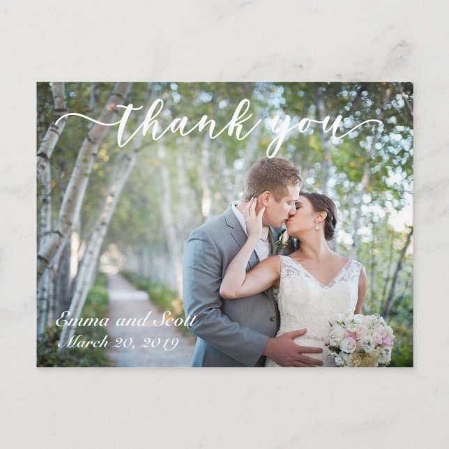 Skripthandgeschriebenes Foto Hochzeit Dankeschön K Postkarte (Vorderseite)