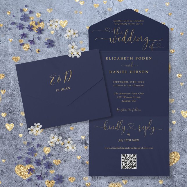Skriptherzen Hochzeitsszenarien für Navy Blue und  All In One Einladung (Script Hearts Navy Blue And Gold QR Code Wedding All In One Invitation)
