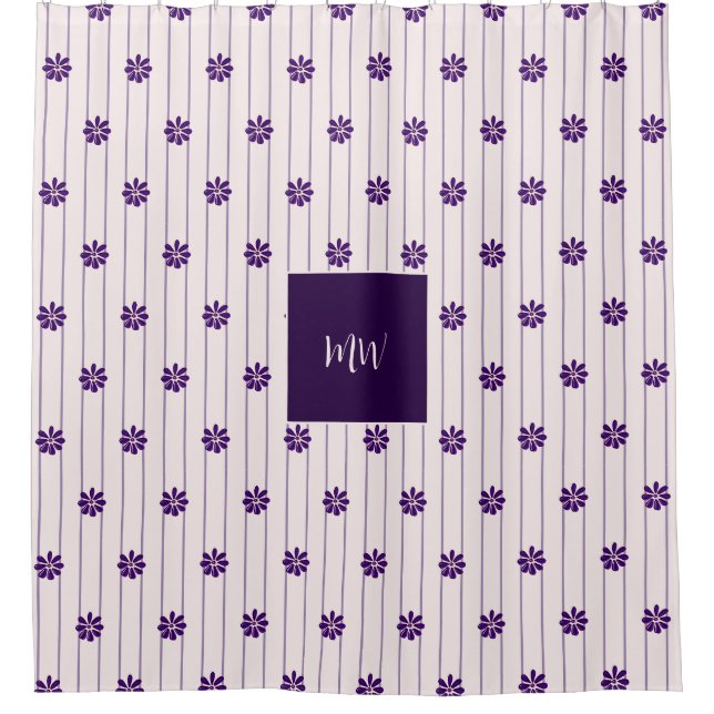 Skriptinitialen Blush & Violet Streifen, Blume Duschvorhang (Vorderseite)