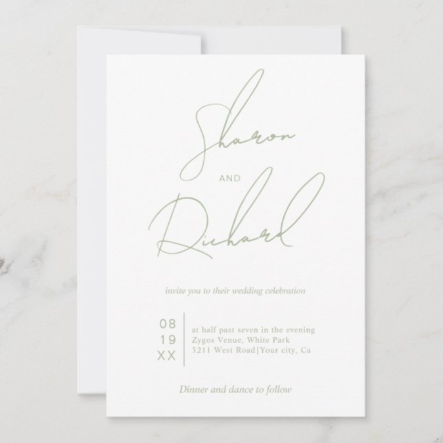 Skriptkalligrafie sage grüne minimalistische Hochz Einladung (Vorderseite)