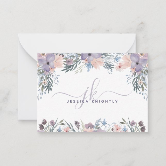 Skriptmonogramm-Initialen Lila florale Wildblumen Mitteilungskarte (Vorderseite)