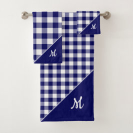 Skriptmonogramm Navy Blue Checked Muster Badhandtuch Set