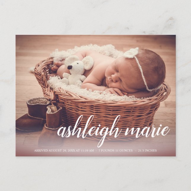 Skriptname Baby Girl Foto Geburtsankündigung Po Postkarte (Vorderseite)