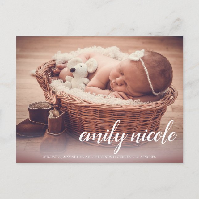 Skriptname Baby Girl Foto Geburtsankündigung Postkarte (Vorderseite)
