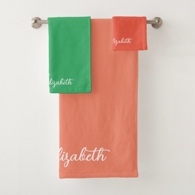 Skriptname Benutzerdefinierter Lachs Orange Grüne  Badhandtuch Set (Insitu)
