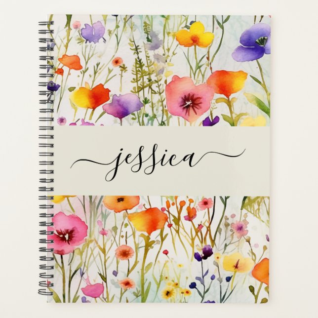 Skriptname für elegante Aquarellfarben-Wildblumen Planer (Vorderseite)