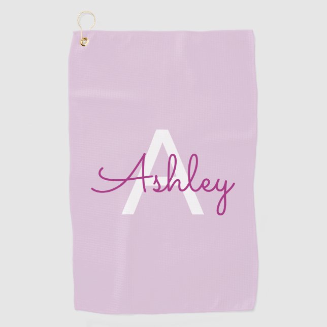 Skriptname & Monogramm | Magenta & Helllila Golfhandtuch (Vorderseite)