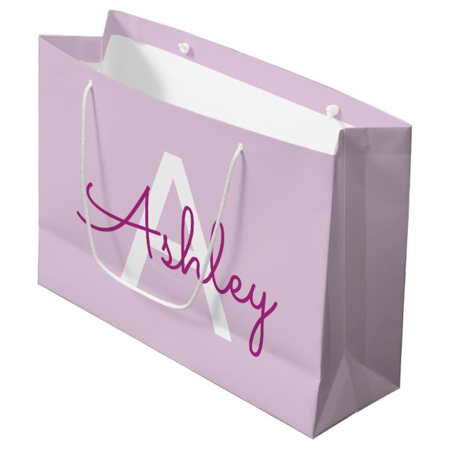 Skriptname & Monogramm | Magenta & Helllila Große Geschenktüte (Vorderseite Schrägansicht)