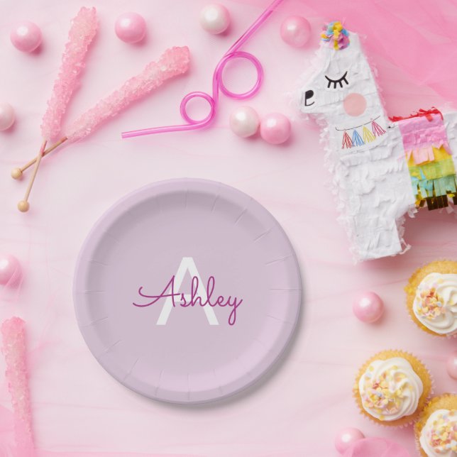 Skriptname & Monogramm | Magenta & Helllila Pappteller (Party)