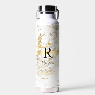 Skriptname & schwarzes Monogramm, weißer und golde Trinkflasche
