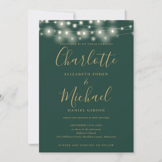 Skriptschrift Grüner Gold QR Code Hochzeit Einladung (Vorderseite)