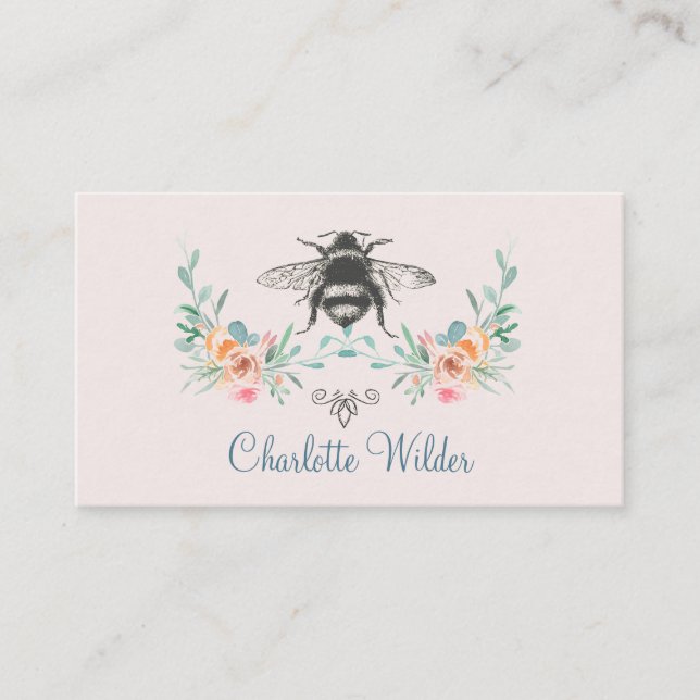 Skriptsignatur Custom Bee Floral Dusty Pink Telefonnummerkarte (Vorderseite)