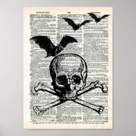 Skull and Bats Halloween Dictionary Art Print Poster