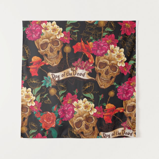 Skull and Flowers Day of The Dead Seamless Backgro Wandteppich (Vorderseite)