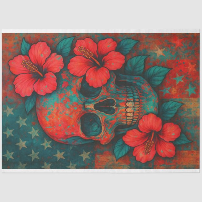 Skull and Hibiskus in Grunge Art Decoupage Seidenpapier (Vorderseite)