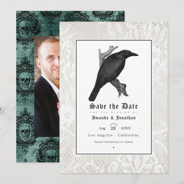 Skull and Lace Gothic Wedding Foto Save The Date (Vorne/Hinten)