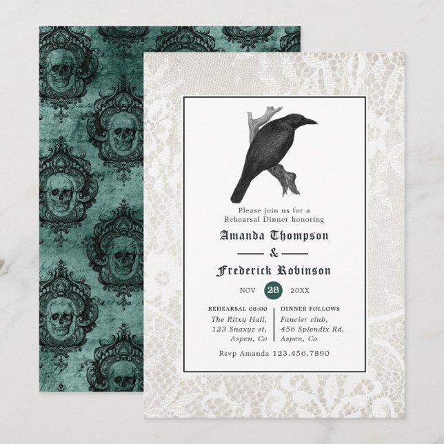 Skull and Lace Gothic Wedding Probe Dinner Einladung (Vorne/Hinten)