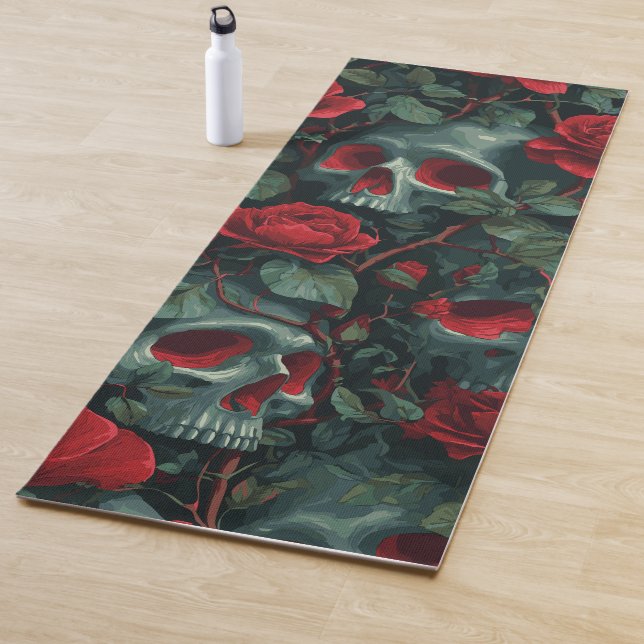 Skull and Red Roses Pattern – Dark Floral Design Yogamatte (Beispiel)