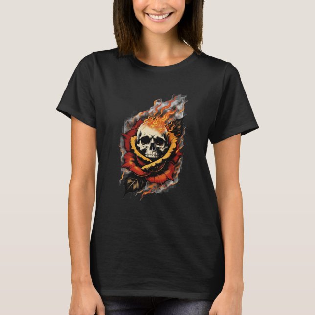 Skull and Rose Flame Tattoo T-Shirt (Vorderseite)
