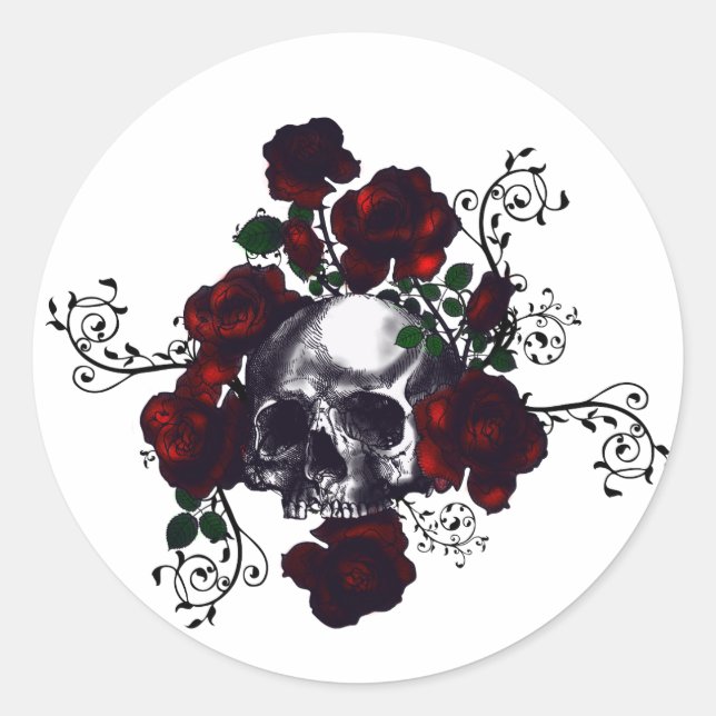 Skull and Roses Tattoo Style Goth Art Runder Aufkleber (Vorderseite)