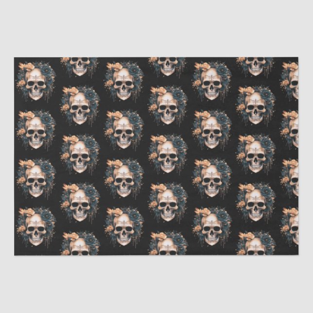 Skull Black and Gold Blume Muster Halloween Seidenpapier (Vorderseite)