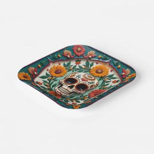💀 🌹 Skull & Bloom Square Dia de los Muertos Fies Pappteller