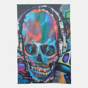 Skull, blue music Graffiti Street art, urban gow Geschirrtuch