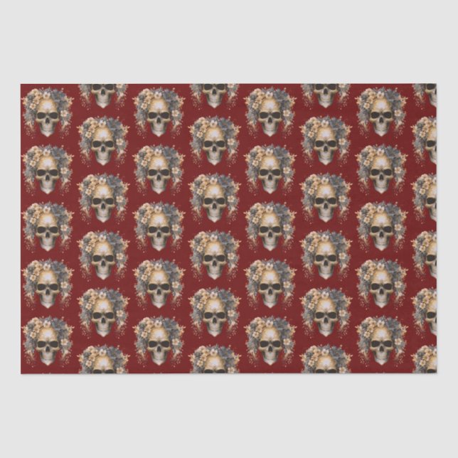 Skull Blume Burgundy Pattern Halloween Seidenpapier (Vorderseite)