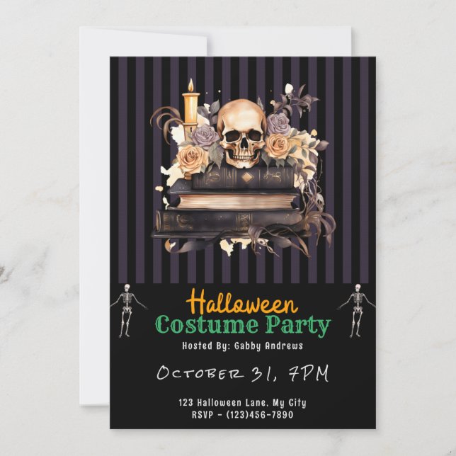 Skull Books Gold und Grau Rose Schwarzes Halloween Einladung (Vorderseite)