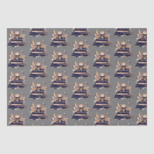 Skull Books Grau Gold Rose Muster Halloween Seidenpapier (Vorderseite)