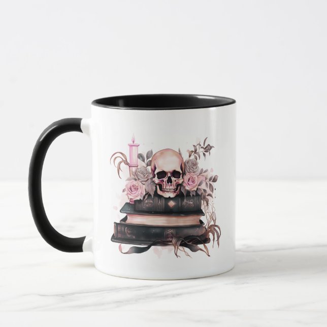 Skull Books Rosa und Grau Rose Halloween Tasse (Links)