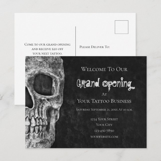 Skull Budget Grand Opening Schwarz-weiß Tattoo Sho Postkarte (Vorne/Hinten)