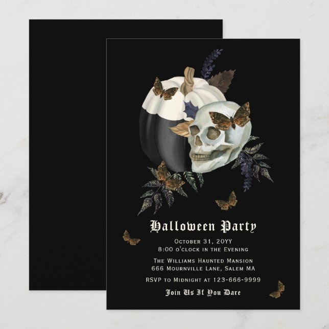 Skull Butterfly Pumpkin Halloween-Party Einladung (Vorne/Hinten)