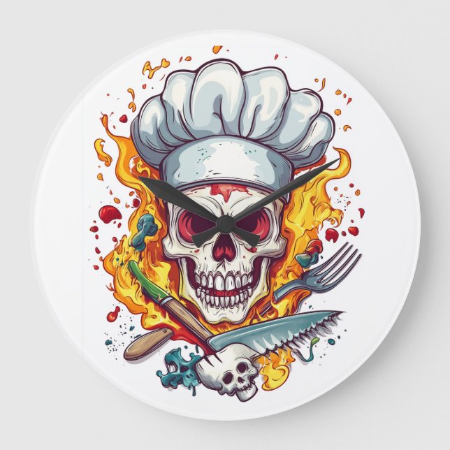Skull Chef Kitchen Master Große Wanduhr (Vorderseite)