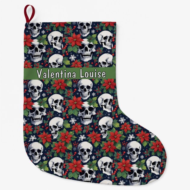 Skull Christmas With Poinsettias & Snowflakes Großer Weihnachtsstrumpf (Vorderseite)