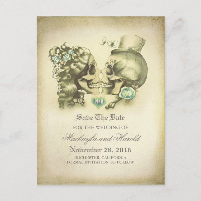 Skull Couple Day of the Dead Save the Date Ankündigungspostkarte (Vorderseite)