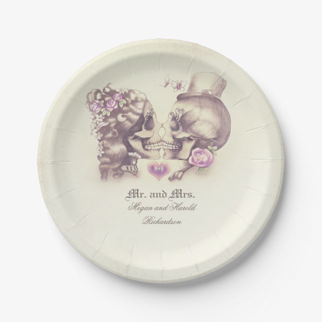 Skull Couple Gothic Lila Wedding Pappteller (Vorderseite)