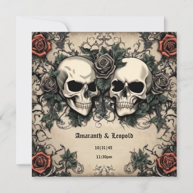 Skull Couple mit Rose Gothic Halloween Hochzeit Einladung (Vorderseite)