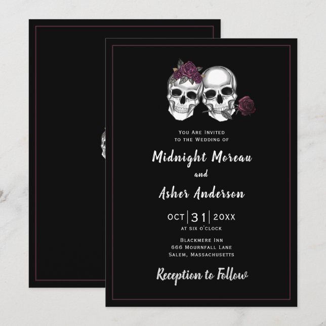 Skull Couple Roses Gothic Wedding Einladung (Vorne/Hinten)