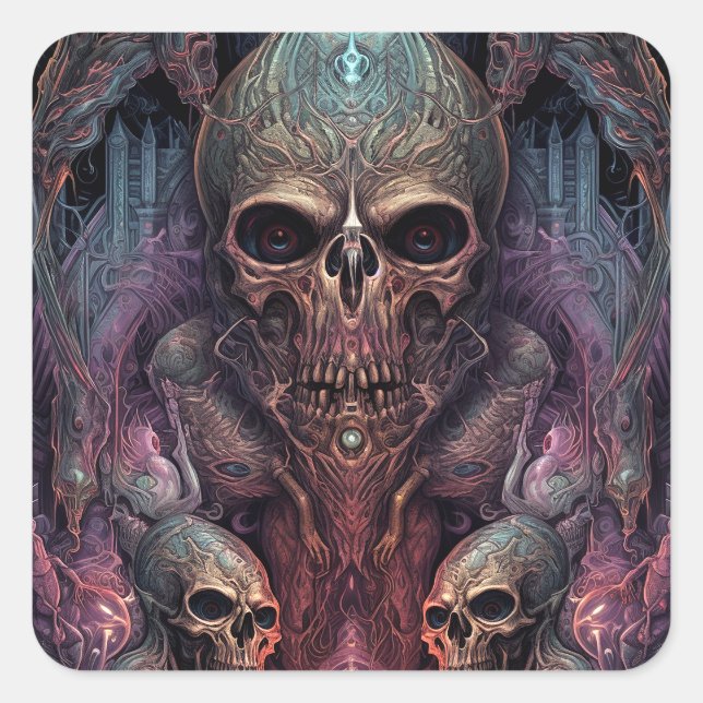 Skull Creepy Surreal Horror Art Quadratischer Aufkleber (Vorderseite)