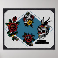 Skull Cross und Rose Traditioneller Tattoo Flash