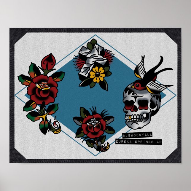 Skull Cross und Rose Traditioneller Tattoo Flash Poster (Vorne)