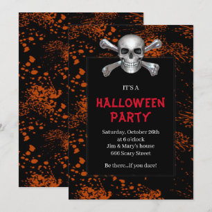 Skull Crossbones Orange Splattered Halloween-Party Einladung