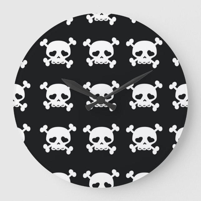 Skull Crossbones: Schwarz-Weiß Muster. Große Wanduhr (Vorderseite)