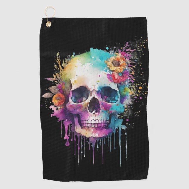 Skull-Design mit bunten Spritzern Golfhandtuch (Vorderseite)