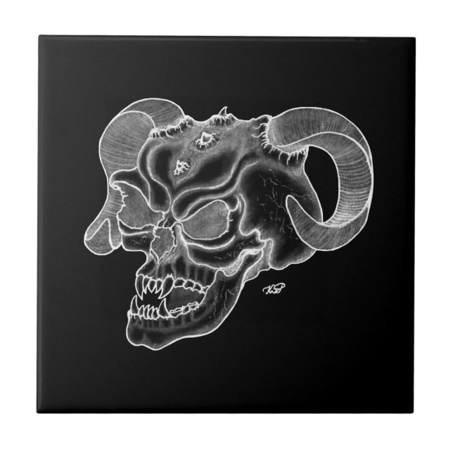 Skull Devil Kopf Schwarzweiß Design Fliese (Vorderseite)