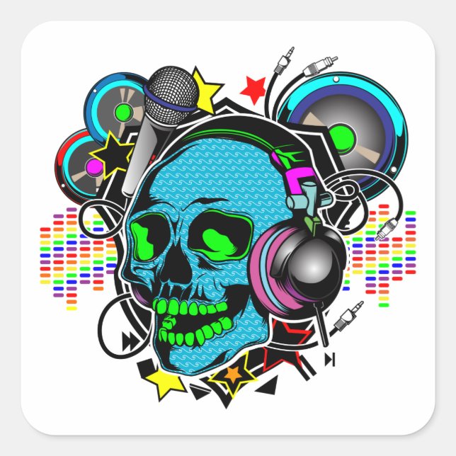 Skull DJ Quadratischer Aufkleber (Vorderseite)