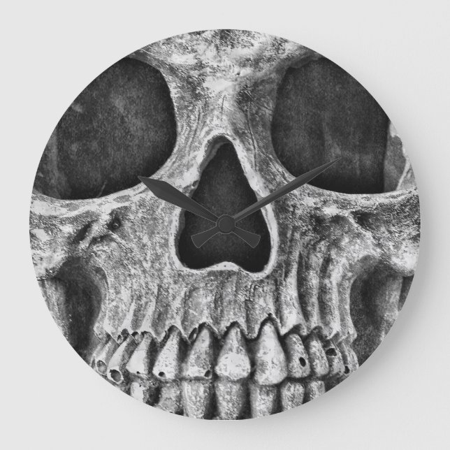 Skull Face Close Up Gothic Black And White Design Große Wanduhr (Vorderseite)