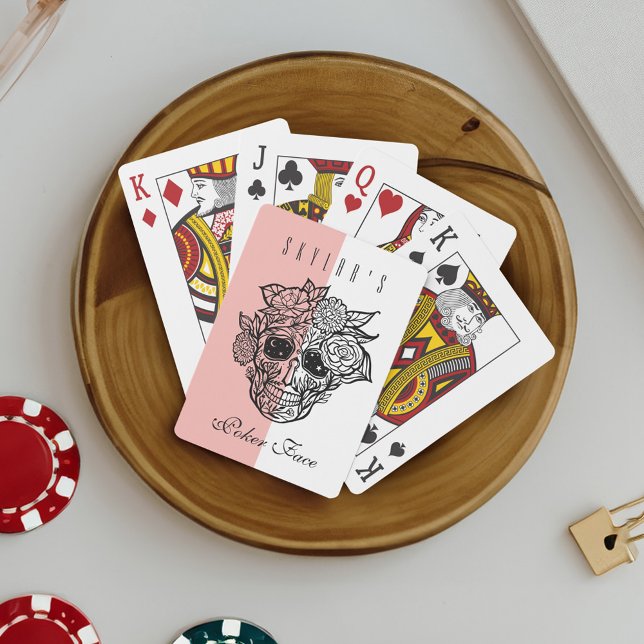 Skull Face & Florals Individuelle Name Poker Face Spielkarten (Skull Face & Florals Custom Name Poker Face Playing Cards)
